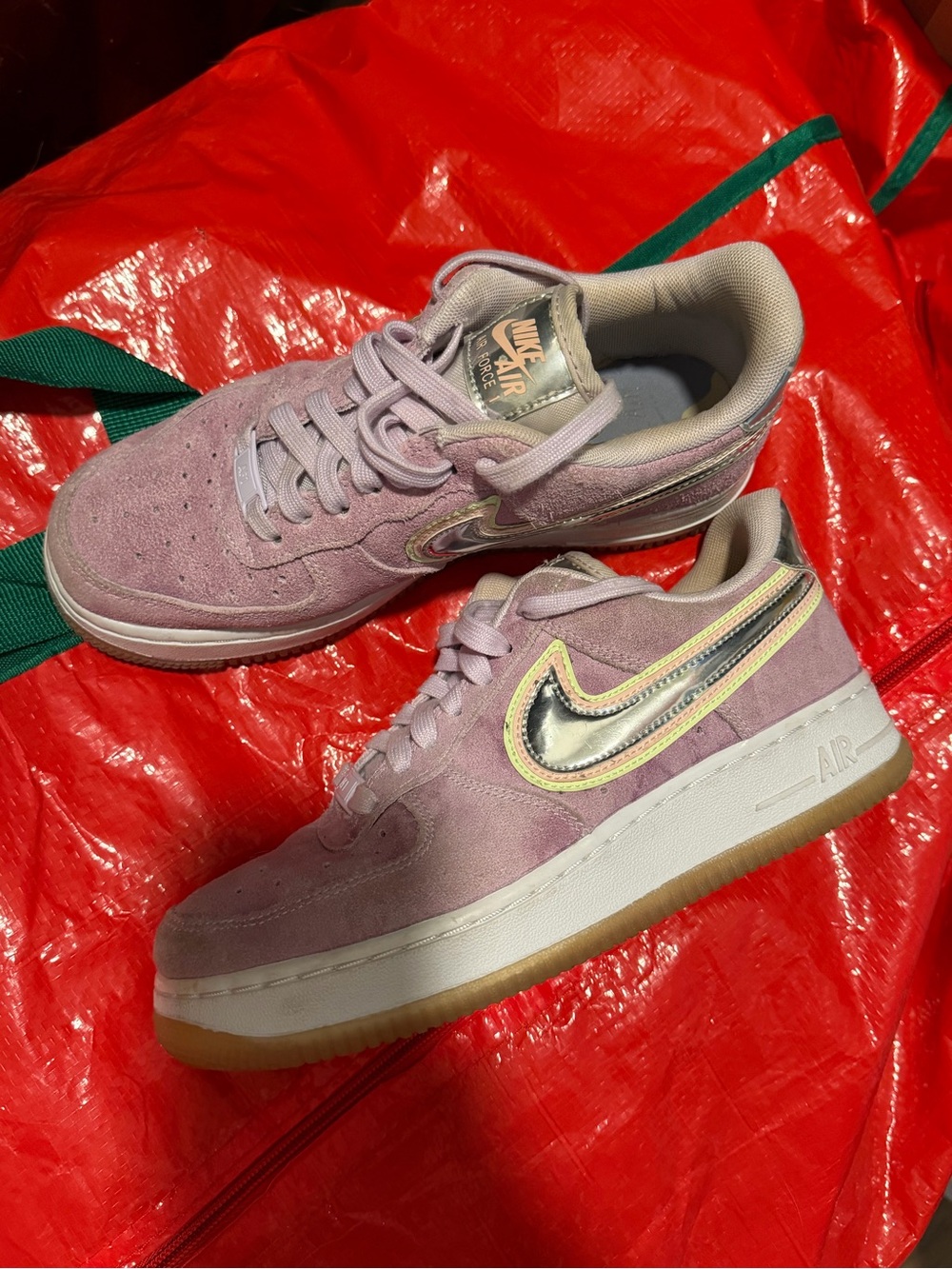 Nike Low-Top Suede Sneakers in Dusty Pink with Iridescent Silver Swoosh